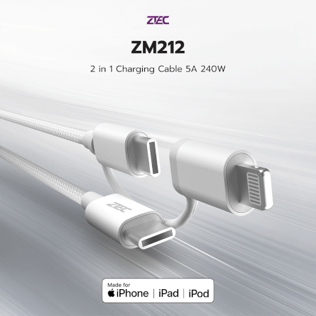 สายชาร์จไนลอนถัก  ZTEC ZM212 2 IN 1 สีขาว MFI 5A 240W USB-C TO USB-C & LIGHTNING_1